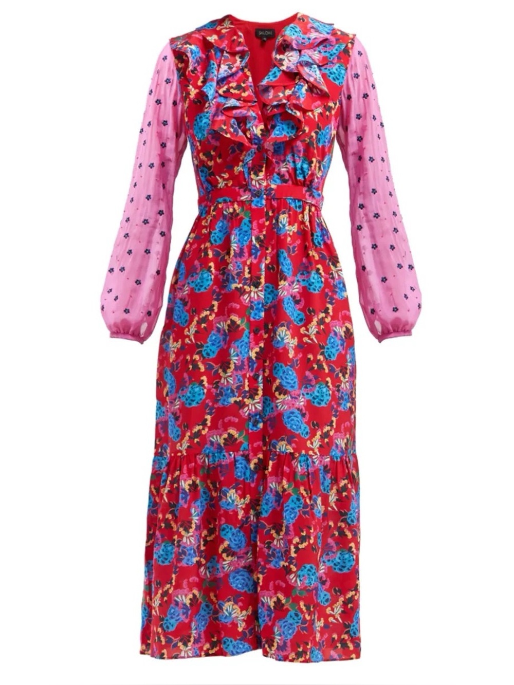 Saloni. Ginny Hydrangea-Print Silk-Crepe Midi Dress. Size 6.